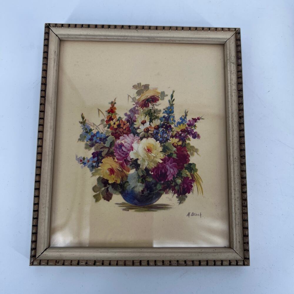 Vtg MCM Framed Floral Art Print Set of 2 M.Black 5.5 x 6.5 in Small Flower Vase - Picture 2 of 8